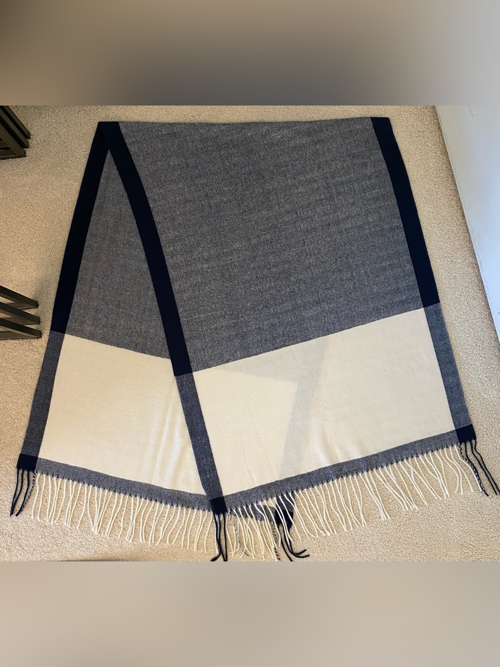 Navy Blue and Cream Fringe Scarf Wrap Extra Large
